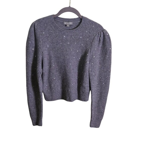 J.Crew Puff Sleeve Rhinestone Heathered Purple Supersoft Yarn Sweater Size XS - Picture 2 of 8